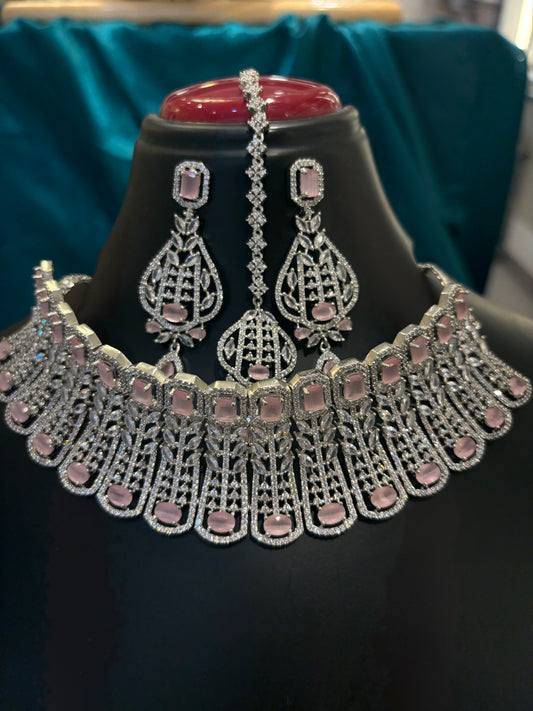 Baby Pink & AD Choker Set with Maangtika – Elegant Bridal & Festive Jewelry