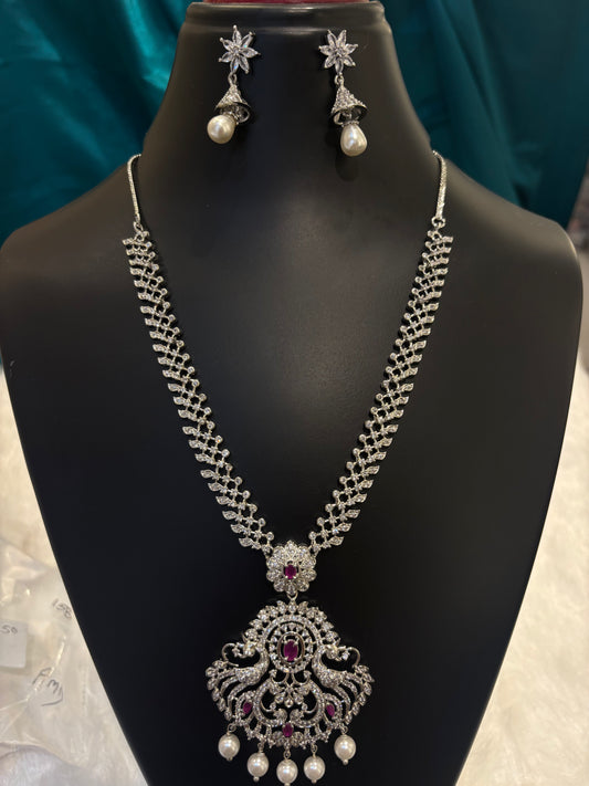 AD Silver Ruby & Pearl Necklace Set – Elegant Bridal & Festive Jewelry