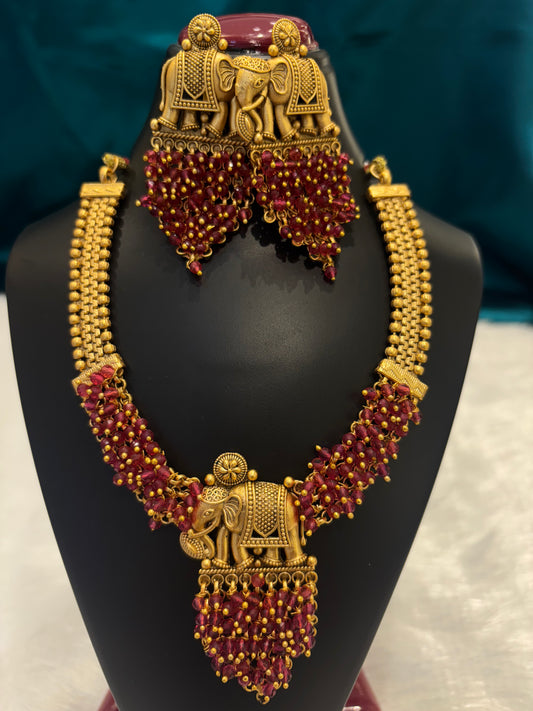 Gold Plated Red Pearl Elephant Design Necklace Set – Traditional Statement Jewelry