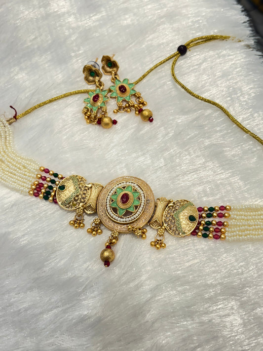 White Pearl Pink and Green Stone Choker Set – Bridal & Festive Jewelry