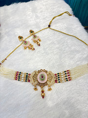 White Pearl Pink and Green Stone Choker Set – Bridal & Festive Jewelry