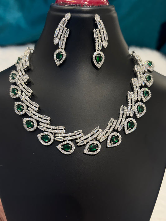 Unique Emerald AD Necklace Set – Designer Green Stone American Diamond Jewelry for Weddings & Parties