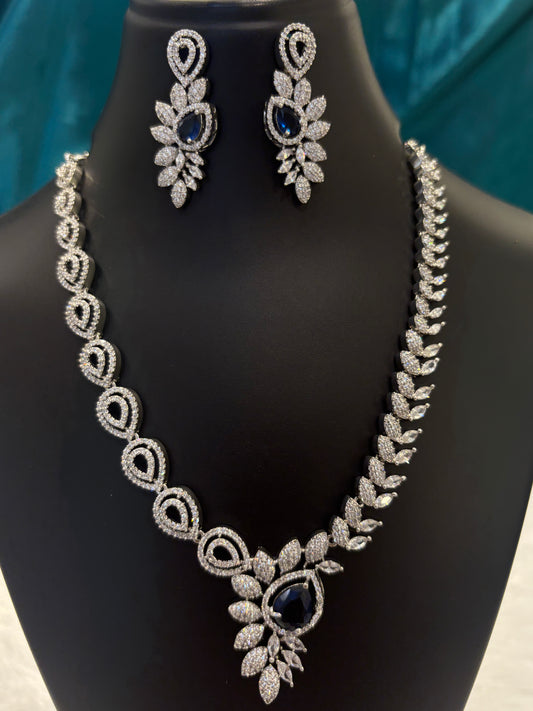 AD and Blue Stone Floral Design Necklace Set – Elegant American Diamond Jewelry for Weddings & Parties