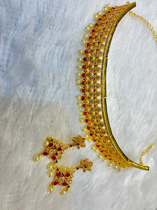 Gold Plated Crystal Choker Set – Elegant Bridal & Party Wear Jewelry with Earrings