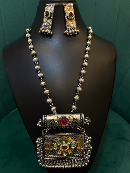 Rectangular Dual Tone Oxidized Silver Necklace Set with Earrings