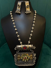 Rectangular Dual Tone Oxidized Silver Necklace Set with Earrings