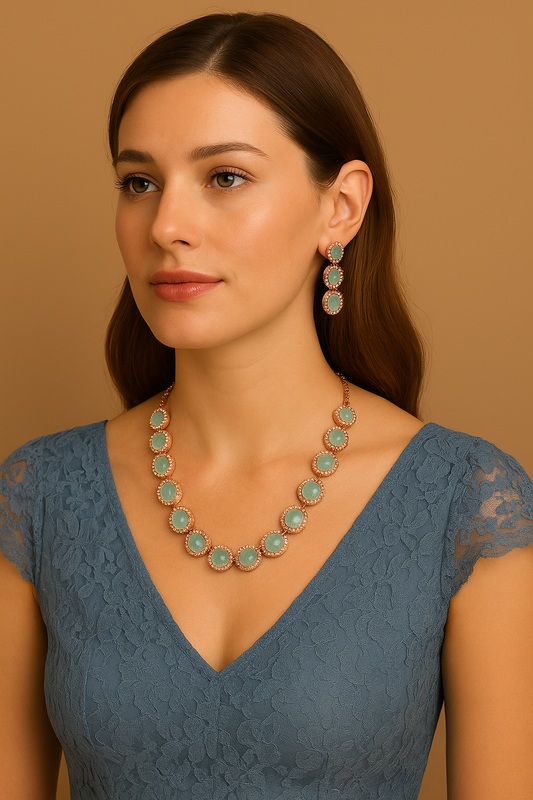 Teal Small Stones Rose Gold Plated Necklace Set – Elegant Minimal Jewelry for Women