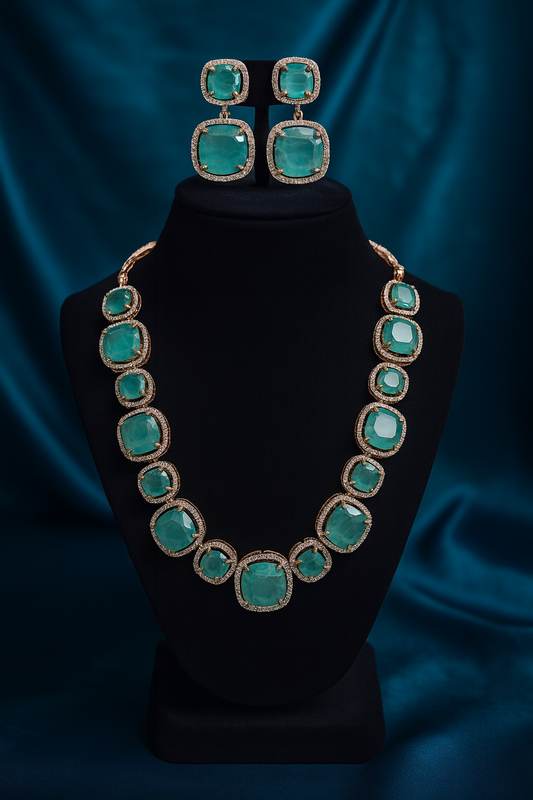 Teal Big Square Stones Rose Gold Plated Necklace Set