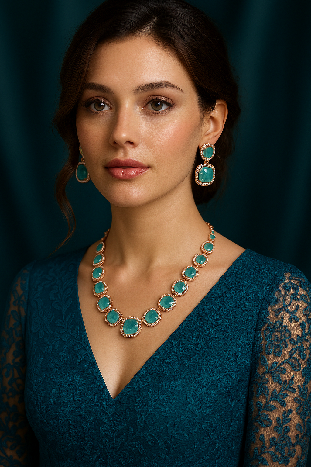 Teal Big Square Stones Rose Gold Plated Necklace Set