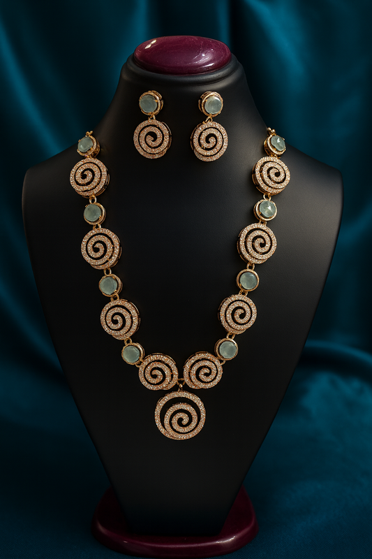 Stoned Spiral Shape Rose Gold Plated Necklace Set – Elegant Designer Jewelry for Women