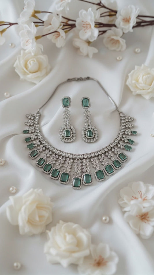 AD Teal Silver Plated Necklace Set