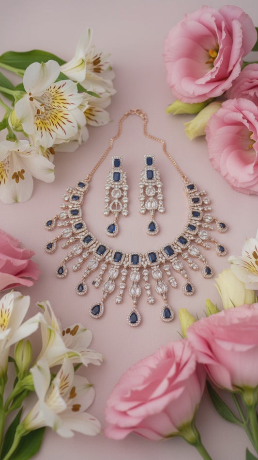 Heavy Rose Gold Plated Haar with Blue Stone – Grand Bridal & Festive Long Necklace Set