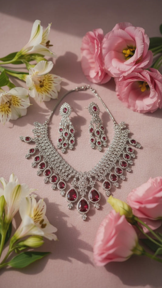 Ruby & AD Silver Plated Necklace Set – Elegant American Diamond Jewelry for Women