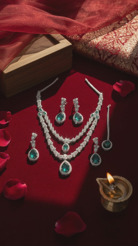 Teal Dual Lined AD Silver Plated Necklace Set with Maangtika – Elegant Bridal Jewelry for Women