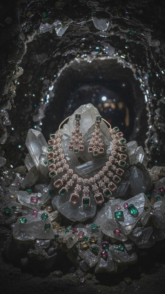 Pink & Teal Stone Rose Gold Plated Haar Set – Elegant Long Bridal & Festive Necklace